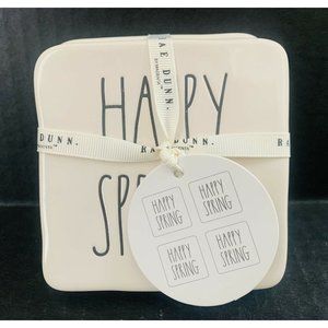 Rae Dunn HAPPY SPRING Set Of 4 Ceramic Ivory Drink Coasters w/ Iconic LL Print